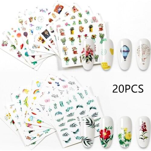 20Designs Spring Theme Geometric Flower Leaves Nail Stickers Set Face Image Butterfly Fruit Decals Sliders Manicures Decoration