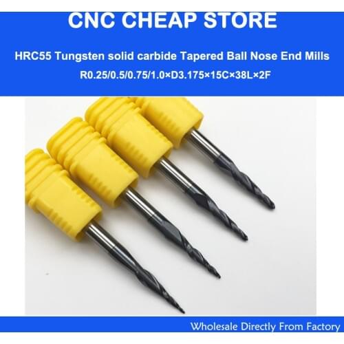 4PCS Assorted R0.25&0.5&0.75&1.0mm with 1/8" 3.175 shank Tungsten solid carbide Tapered Ball Nose End Mill and cone cutter HRC55