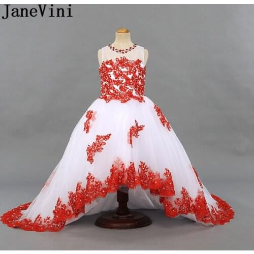 JaneVini Elegant Puffy Tulle High Low Flower Girl Dresses for Wedding Appliques Beaded Girls First Communion Party Pageant Gowns
