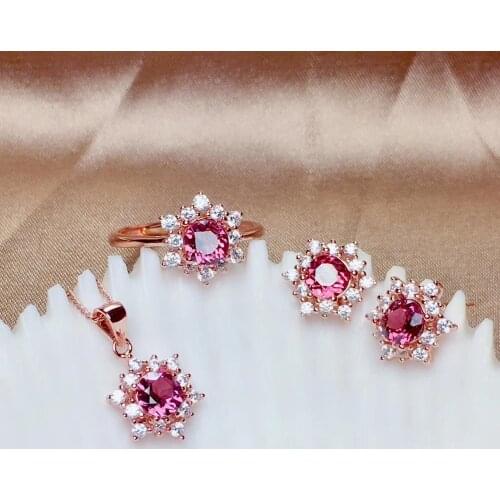 Classic exquisite Red Garnet ring earrings and necklace jewelry set with silver for women