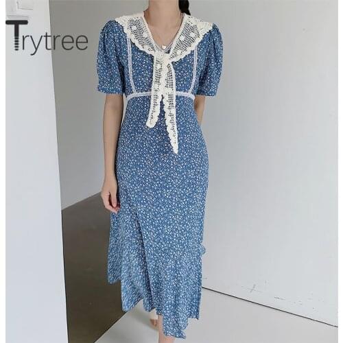 Trytree Summer Women Casual Dress V-neck Print Ruffles Lace Patchwork 2 Color Shawl Fashion A-line Elegant Temperament Dress