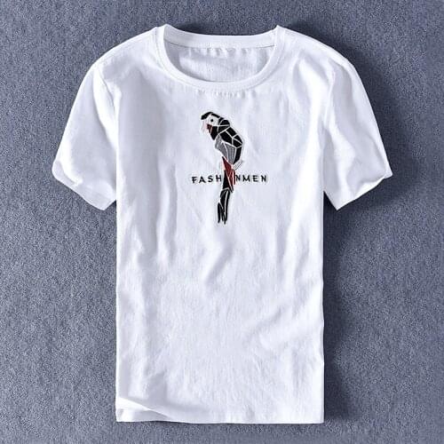 2020 Summer new design embroidered brand linen t shirt men fashion casual white t shirts for men short-sleeved tshirt mens tops