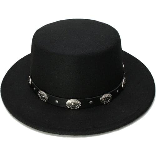 LUCKYLIANJI Women Men Vintage 100% Wool Wide Brim Cap Pork Pie Porkpie Bowler Hat Punk Alloy Bead Leather Band (57cm/Adjusted)