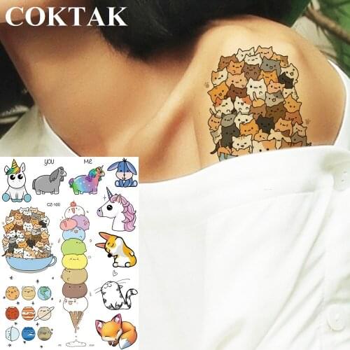 Cute Cat Cartoon Children Ice Cream Unicorn Temporary Tattoo Sticker For Kids Children Cute Fake Tatoos Fox Women Body Arm Tatoo