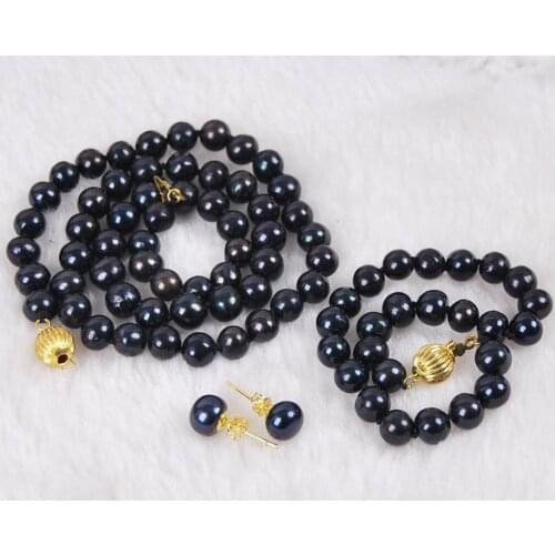 Fashion 7-8mm Natural Black Cultured Pearl Necklace Bracelet Earrings Set