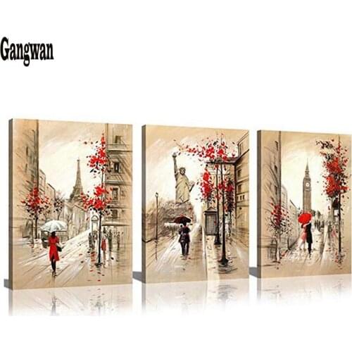 5D DIY Diamond Painting cross stitch 3pcs sets Romantic Paris city Street Lovers view Diamond Embroidery Full Square/round drill