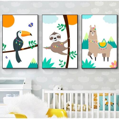 Funny Cartoon Llama Parrot Sloth Wall Art Canvas Painting Nordic Posters And Prints Nursery Wall Pictures For Living Room Decor