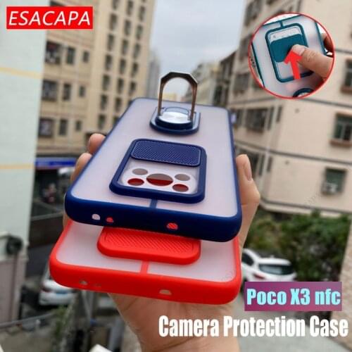 Translucent Case for POCO X3 nfc Lens Protection Case Slide Protect Camera Cover Ring Stand Cases for Redmi Note 9 Pro Mi 10T 5G