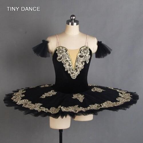 GDC Black and Gold Professional Ballet Dance Tutu Velvet Bodice with 7 layers Pleated Tulle Pancake Tutus BLL100