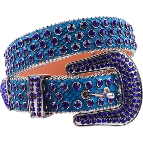 Studded Y2k Belt For Men Leather Blue Rhinestone Cowgirl Crystal Pin Buckle Luxury Designer Cowboy Belt Ceinture Femme Western
