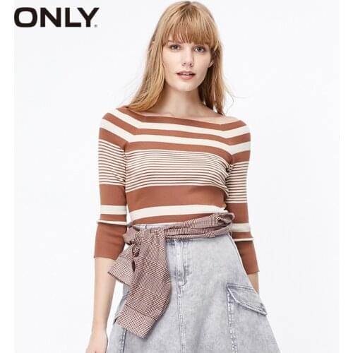 ONLY Womens Off-shoulder Slim Fit Striped Sweater |119324503