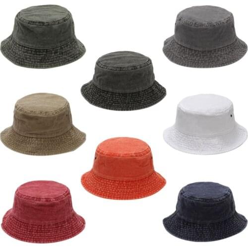 Unisex Washed Denim Cotton Bucket Hat Solid Color Sunscreen Panama Fisherman Cap F3MD