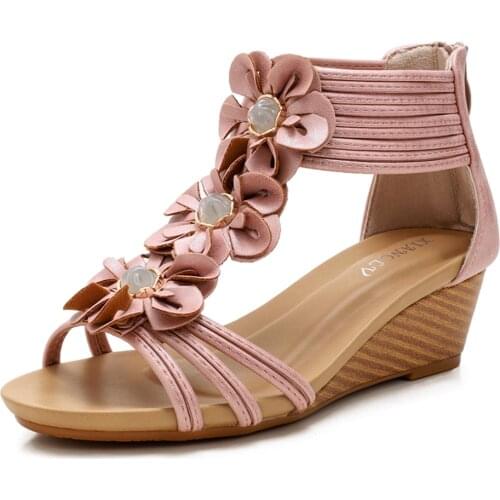 Bohemian ethnic shoes for women sandals 2020 New flower rhinestone Roman shoes Open-toed Solid Thick Bottom wedge sandal