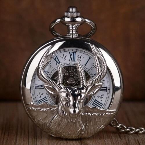 Vintage Silver Deer Mechanical Pocket Watch Men Steampunk Hollow Skeleton Watch Necklace Male Pocket Watch Gift reloj de bolsill
