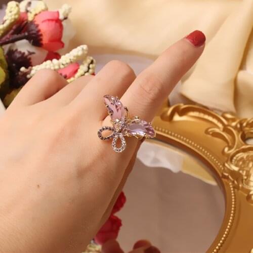 Japan and South Korea new design fashion jewelry exquisite copper inlaid zircon color crystal butterfly opening female prom ring