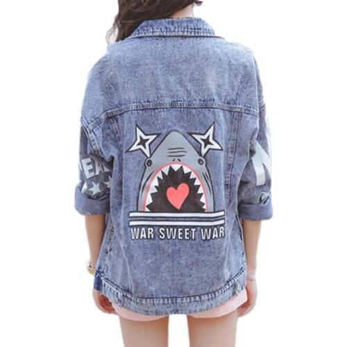 Autumn New Retro Female Shark Printing Denim Jackets outerwear Women Fashion Classical Jeans Coat Long Sleeve Casual cowboy coat
