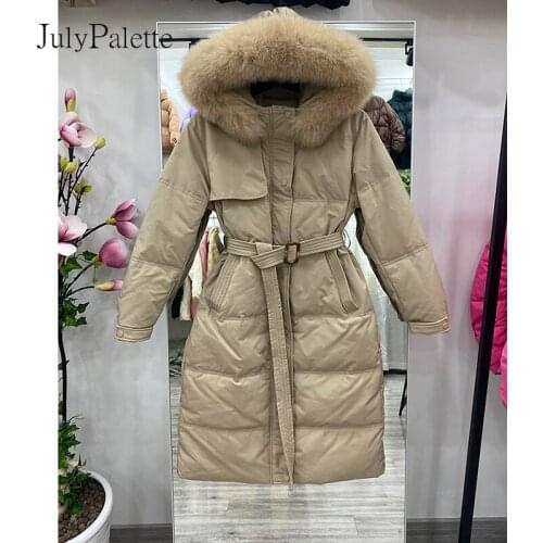JulyPalette 2021 Winter White Duck Down Coat Solid Big Natural Fox Fur Hooded Women Thick Warm Parkas Midi Female Outerwear