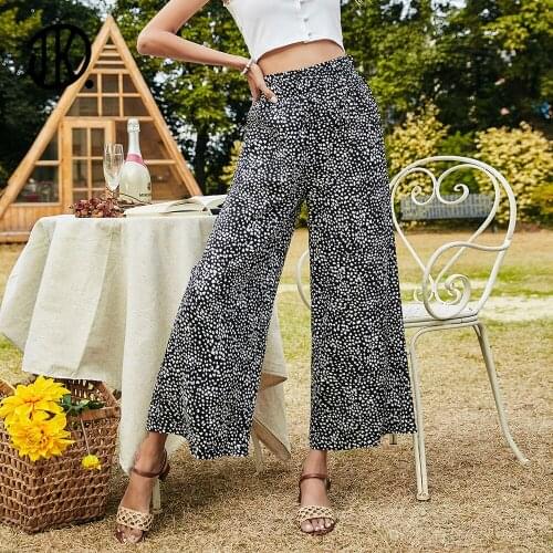 Women Elastic High Waist Casual Floral Print Straight Pants Wide Leg Soft Pant Spring Summer Fashion Long Trousers Outfit