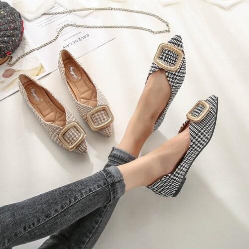 Houndstooth Ladies square buckle single shoes autumn shallow pointed flats woman cozy slip on brief plaid moccasins brand loafer