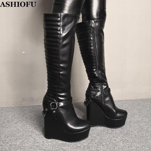 ASHIOFU New Arrival Real Photos Women Wadge Heel Knee Boots Buckle Strap Pleated Party Boots Evening Club Fashion Boots Shoes