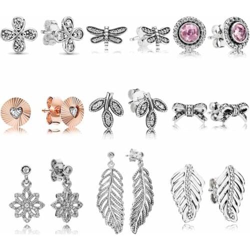 925 Sterling Silver Rose Sparkling Leaves Bow Petite Dragonfly Statement Feathers Pandora Earrings For Women Jewelry Gift