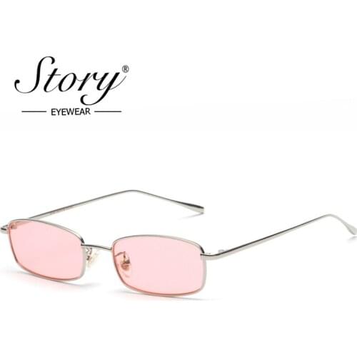 STORY Retro Small Rectangle Sunglasses Unisex UV400 Female 2018 Brand Skinny Metal Frame Pink Red Clear Lens 90s Sunglasses