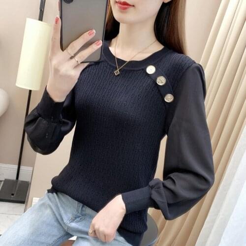 Spring Autumn Round Neck Stitching Pullover Sweater Woman 2021 Korean Fashion Casual All-Match Puff Sleeve Knitting Tops Female
