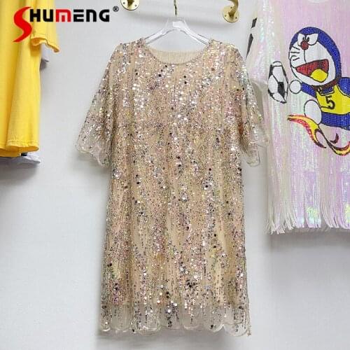 2021 Summer New Beaded Sequins Mesh Stitching Short Dress Ladies Round-Neck Short Sleeve Pullover Loose Dress for Women