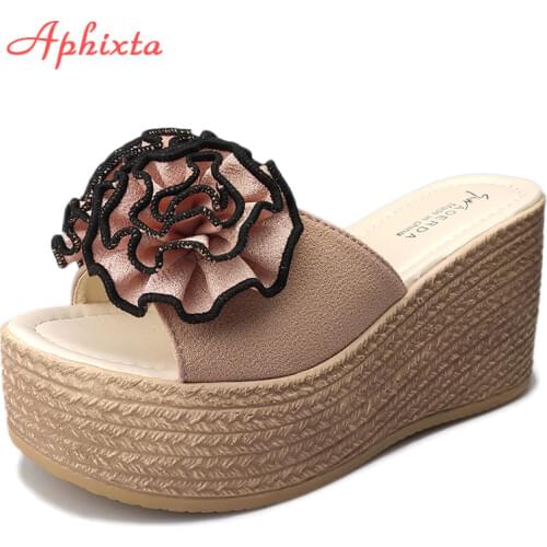 Aphixta Flower Wedge Heels Slippers Women 9cm Cow Suede Bow Women Mulers Female 4cm Platform Sandals Clog Shoes Slides Women