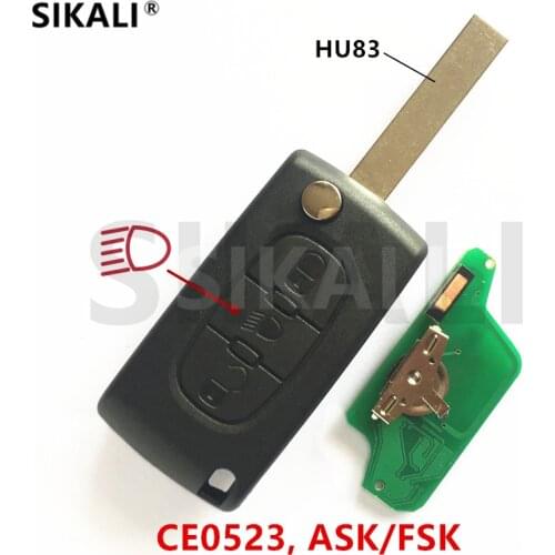 SIKALI Remote Key with Lamp Button for CITROEN Berlingo C5 C4 C3 C2 Picasso Auto Key Chain (CE0523, ASK/FSK, 3BT, HU83)
