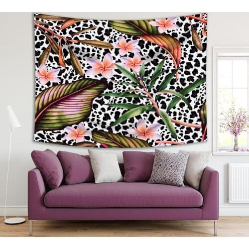 Tapestry Tropical Flowers Leaves Plants on Animal Print Background Stylish Floral Artwork Black White Green Orange