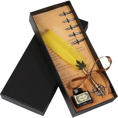 Exquisite Vintage Calligraphy Feather Pen 5 Pen Nib Black Ink Bottle Included for students Birthday Gift Women Men