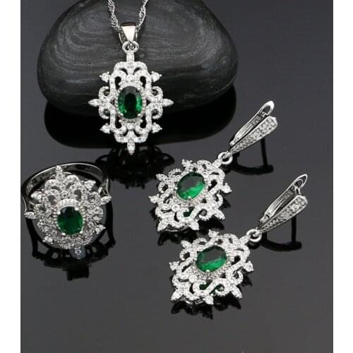 Flower Jewelry 925 Silver Wedding Jewelry Sets for Bride Green Emerald White Crystal Earrings/Pendant/Necklace/Ring Set