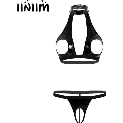 Womens Lingerie Set Wetlook Crotch Faux Leather Hollow Out Bust Open Bra Top with Crotchless Briefs T-Back Sexy Femme Underwear