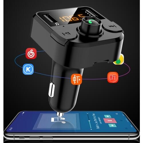 LAMJAD Dual USB car charger with FM transmitter Bluetooth hands-free FM modulator car phone charger for iPhone
