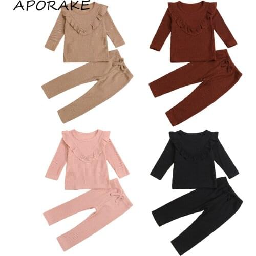 2021 2-7Y Casual Baby Girl Fall Clothing Solid Color Ruffles Long Sleeve Tops and Long Pants Knitted 2pcs Outfits Set