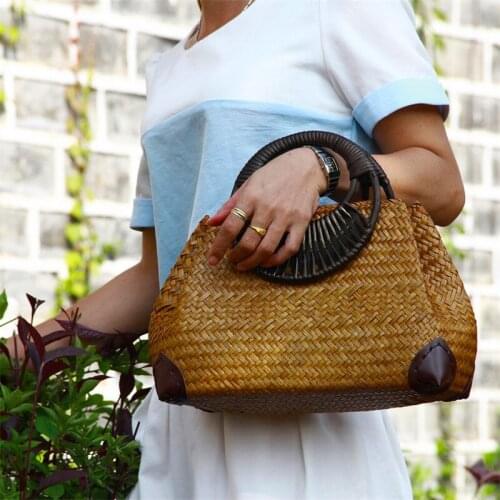 Fashion womens hand bag f Thai version of the straw bag retro vase vine bag travel beach bag bamboo wood handle handbag