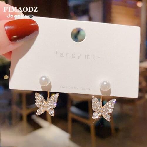 FIMAODZ Fashion Butterfly Earrings Women Street Style Charm Crystal Shiny Zircon Cute Pearl Butterfly Stud Earrings 2020 Trend