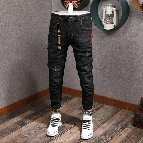 Newly Street Fashion Men Jeans Slim Fit Elastic Cotton Embroidery Designer Ripped Jeans Men Patchwork Hip Hop Denim Punk Pants