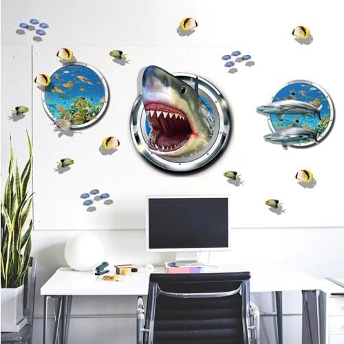 2016 Newest Arrival 3D Shark Blast out of the Under Sea Wall Decal Sticker For Kids Room Living Room Home Decor 3D Wall Murals