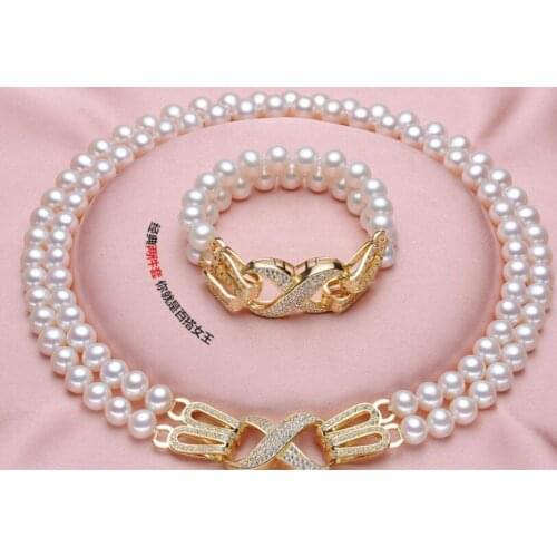Charming 2rows 9-10mm white round pearl necklace 18"-19" & bracelet 8"