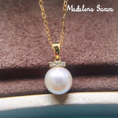 MADALENA SARARA 10-11mm Freshwater Pearl Women Necklace Natural White Pearl Pendant 18K Gold Diamond Pave-setting