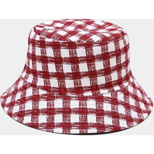 Plaid Cotton Bucket Hat Fisherman Hat Outdoor Travel Hat Sun Cap Hats for Men and Women 155