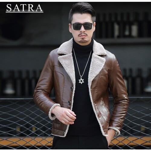 SATRA 2021 New Arrival High Quality Thick Leather Jacket Mens Autumn Winter Mens Jacket Fashion Faux Fur Collar Windproof Warm