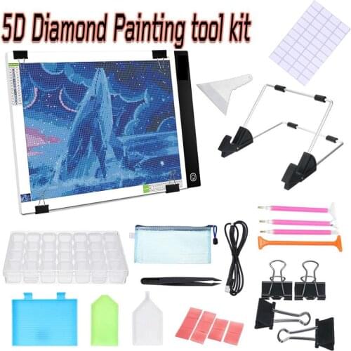A4 LED Light Pad for Diamond Painting, USB Powered Light Board Kit, Adjustable Brightness with Detachable Stand Clips Tray glue