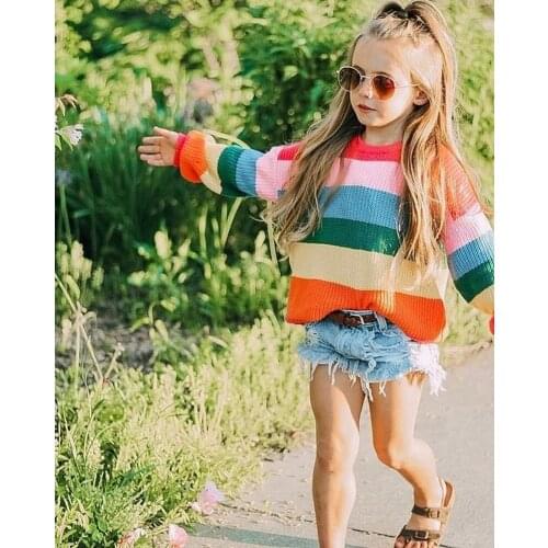Sweater solid color long-sleeved knitted rainbow sweater girl sweater autumn and winter baby clothes 2019 autumn and winter new
