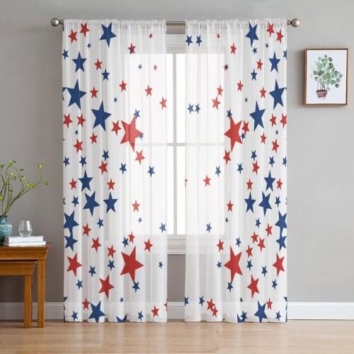 Five-Pointed Star Red Blue Window Treatment Tulle Modern Sheer Curtains for Kitchen Living Room the Bedroom Curtains Decoration