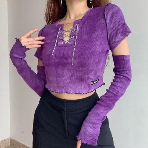 Tie-Dye Crop Top With Oversleeve Lacing Front Ribbed Knit Such Cute Top Women Aesthetic Soft e-Girl Y2K Outfit