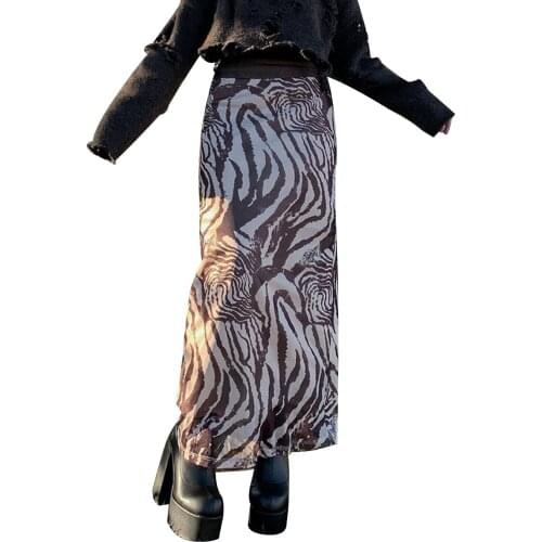 Women’s Summer Vintage Irregular Printing Skirt Personality Mesh Yarn High-waist Slim Fit Long Skirt