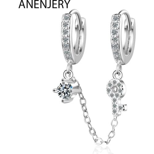 ANENJERY 925 Sterling Silver 1PC Punk Style Double Ear Hole Zircon Hoop Earrings Key Chain Earring For Women Jewelry S-E992